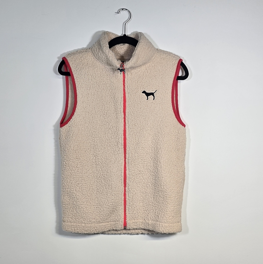 PINK Victoria's Secret Cream Sherpa Vest with Red Details